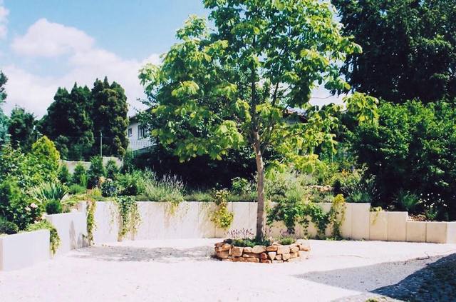 Gartenfläche mit Stützmauer aus L-Steinen und Baum in der Mitte